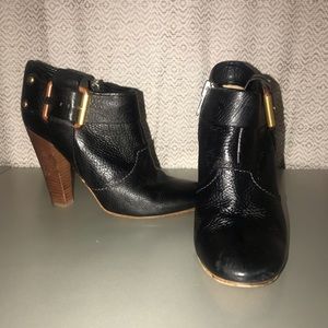 CHLOE 4.25” Black Leather Buckle Booties Wood Heel